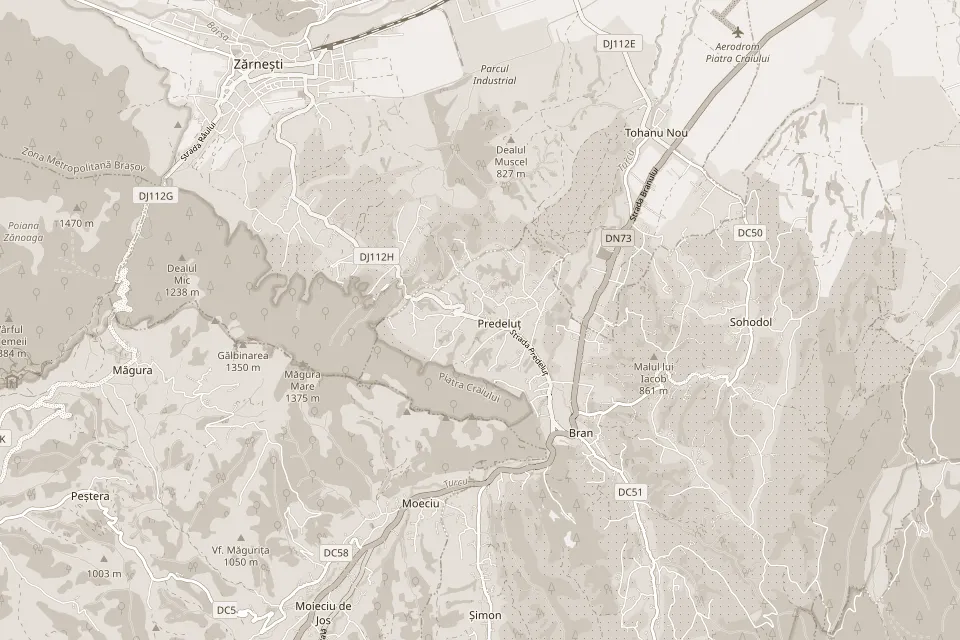 Hartă cu atelierul Lazar Mobila în Predeluț, la nord-vest de Bran, între Zărnești și Bran